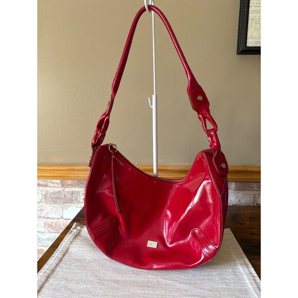 Donald J Pliner Red Patent Leather Hobo Bag With Peace Sign Accents Zippers - Picture 1 of 16